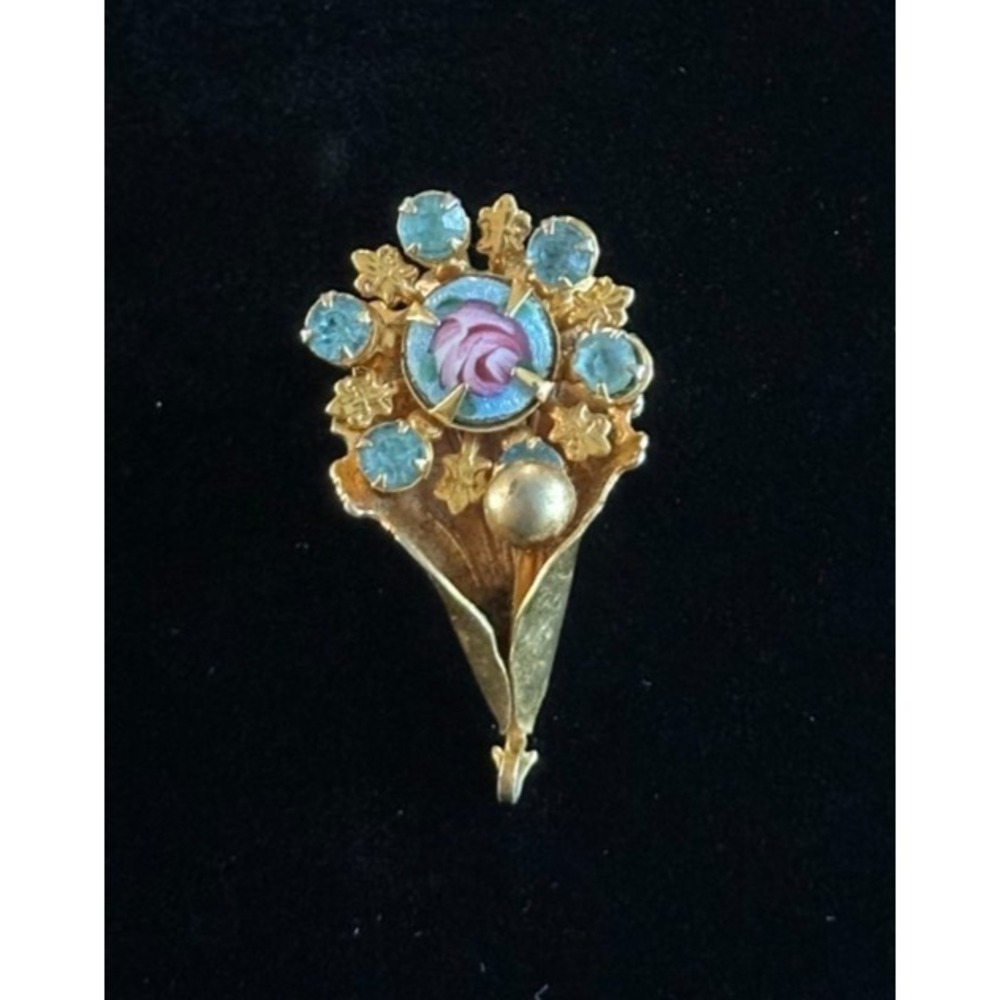 Vintage Open Rose Blue Enamel Floral Bouquet Spray Burst Pin Brooch